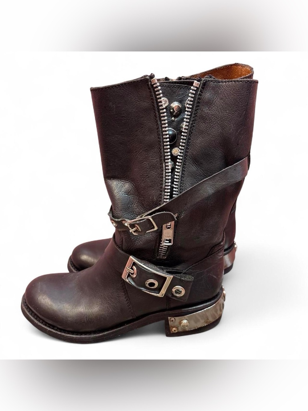 Black Leather Mid-Calf Buckle Boots with Silver Hardware